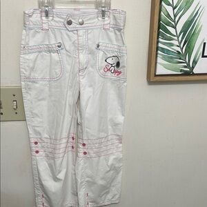 Vintage Snoopy Kids White Pants with Pink Embroidered Accents Capris
